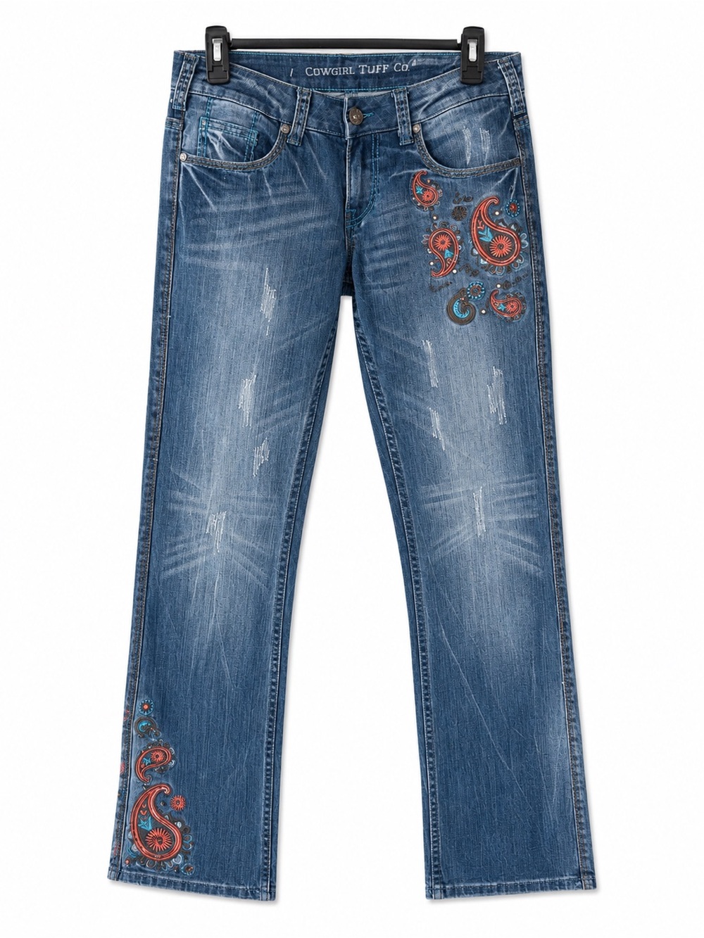 Cowgirl Tuff Blue Denim Wide-Leg Jeans with Orange Paisley Embroidery